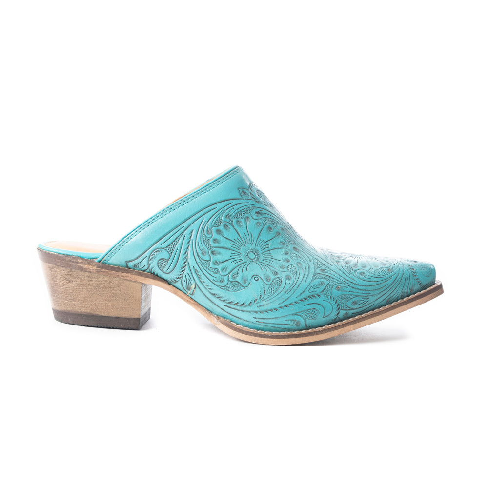 Valeria Hand-tooled Mules - Turquoise
