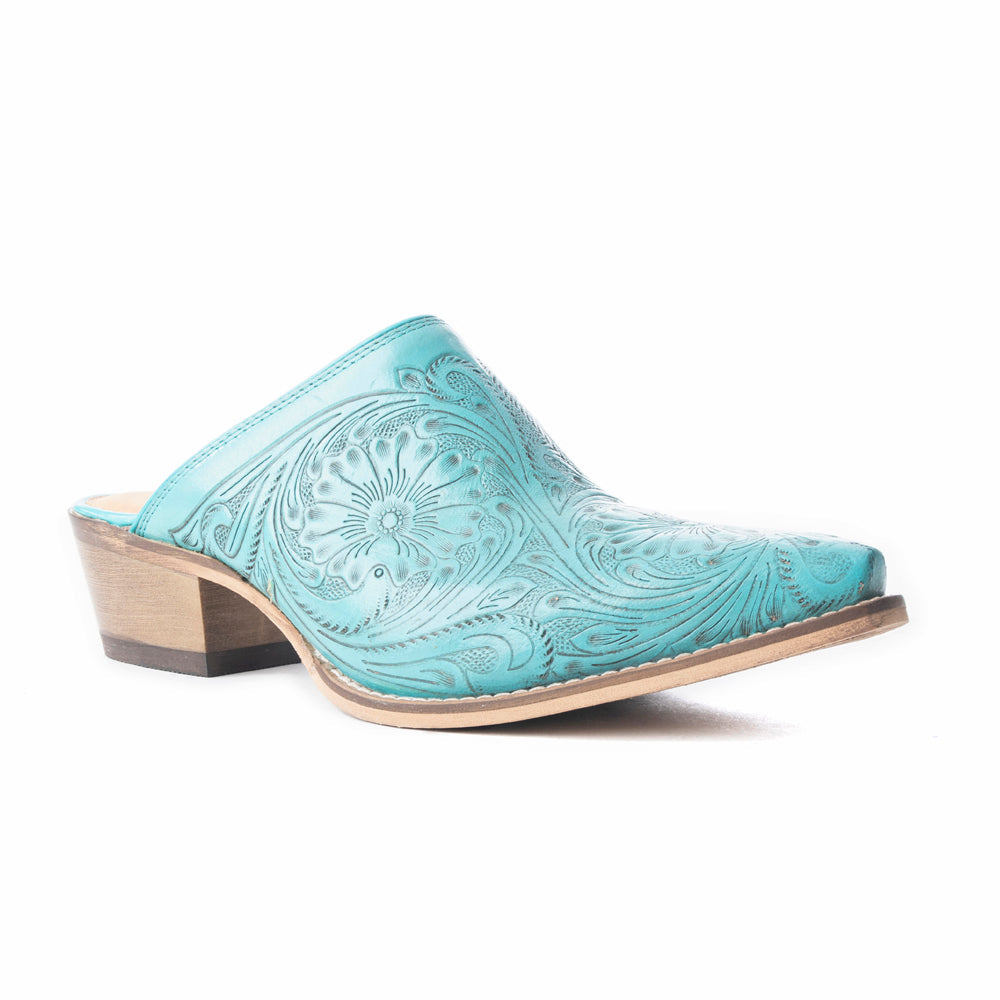Valeria Hand-tooled Mules - Turquoise
