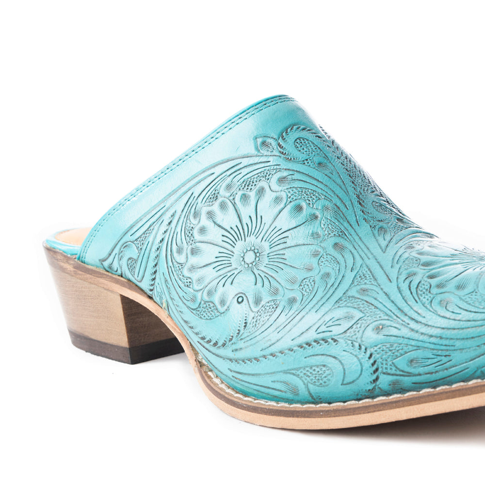 Valeria Hand-tooled Mules - Turquoise