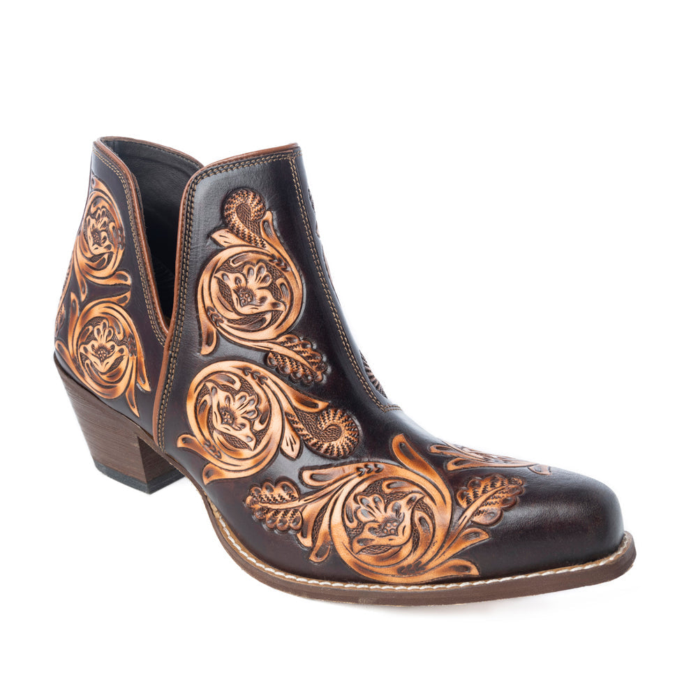 Bronzed Western Leather Booties - Brown